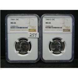 1964+64d Silver Washington Quarters NGC MS65