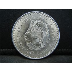High Grade 1947 Mexico Cinco Pesos Silver Coin Blast White