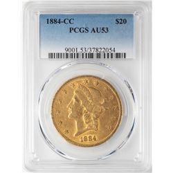 1884-CC $20 Liberty Head Double Eagle Gold Coin PCGS AU53