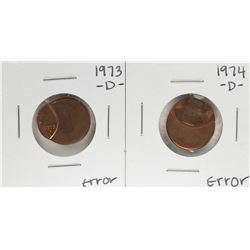 1973-D & 1974-D Lincoln Cent with Off Center Strike Error Coins
