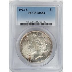 1922-S $1 Peace Silver Dollar Coin PCGS MS64