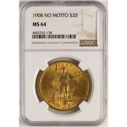 1908 $20 No Motto St. Gaudens Double Eagle Gold Coin NGC MS64