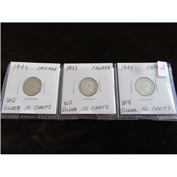 1942, 1943 & 1944 CANADA TEN CENT COINS