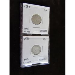 1934 VG & 1936 VG CANADA TEN CENT COINS
