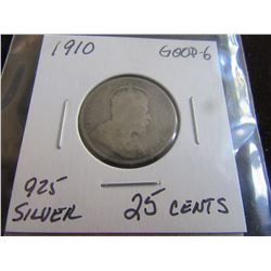 1910 CANADA KING EDWARD SILVER QUARTER