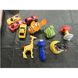 ESTATE - BOX WITH ASSORTED FLY WHEELS, TOY CARS, & ASSORTED FRICTION TOYS