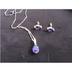 NECKLACE WITH AMETHYST STYLE PENDANT & MATCHING EARRINGS (10 KT)