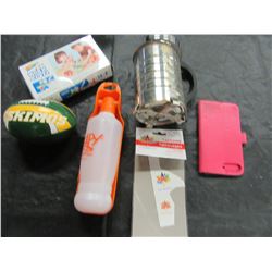 BOX WITH COFFEE PRESS, ESKIMOS MINI FOOTBALL, CELL PHONE HOLDER, CRAFT KIT, ETC