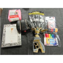 BOX WITH POKER CARD SET, PICTURE FRAMES, PAINT BRUSHES, TOYS, ETC