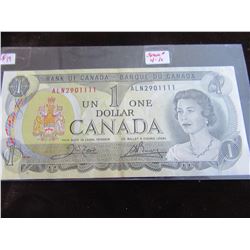 1973 UNCIRCULATED BANK OF CANADA $1 BILL (POKER HAND SERIAL NUMBER 4-1'S)