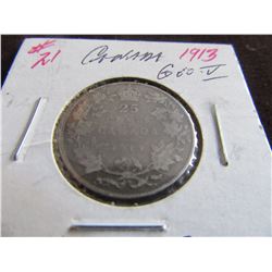 1913 CANADA KING GEORGE V SILVER QUARTER