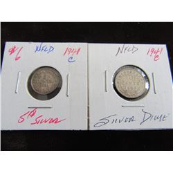 1941C NEWFOUNDLAND SILVER NICKEL & DIME (2 PIECES)