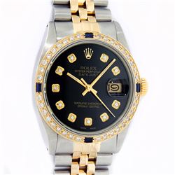 Rolex Mens 2 Tone 14K Black Diamond 36MM Datejust Wriswatch