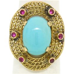 18k Yellow Gold 5.3 ctw Persian Turquoise & Ruby Wavy Halo Ring