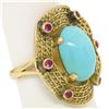 Image 3 : 18k Yellow Gold 5.3 ctw Persian Turquoise & Ruby Wavy Halo Ring