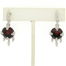 14k White Gold 11.2 ctw Round Garnet Dangle Earrings w/ Brilliant Diamond Accent