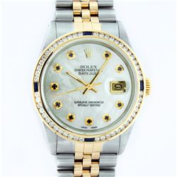 Rolex Mens 2 Tone 14K MOP Sapphire Diamond Channel Set Datejust Wristwatch