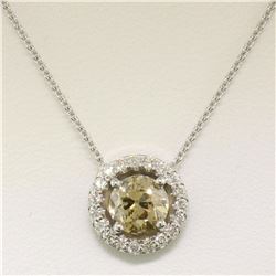 14k White Gold GIA 1.41 ctw Fancy Brownish Yellow Round Diamond Pendant w/ Halo