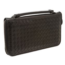 Bottega Veneta Black Woven Leather Large Zippy Wallet.