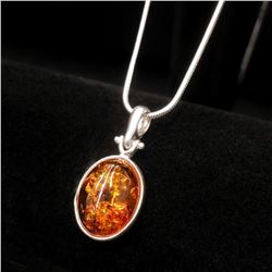 Mounted Baltic Amber 925 Silver Plated Pendant On 925 Silver Plated Snake Link Necklace