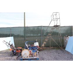hose reels, skid tanks, transfer pump W/ meter, rotary law mower, ladder, tool box, Selling Offsite: