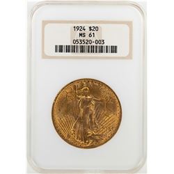 1924 $20 St. Gaudens Double Eagle Gold Coin NGC MS61