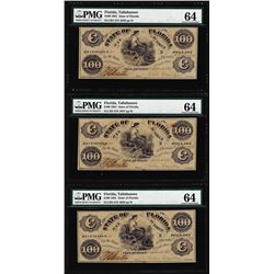 (3) Consecutive 1861 $100 State of Florida Cr.2 Obsolete Notes PMG Choice Unc. 64