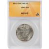 Image 1 : 1945 Walking Liberty Half Dollar Coin ANACS MS63
