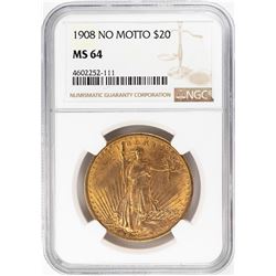 1908 No Motto $20 St. Gaudens Double Eagle Gold Coin NGC MS64