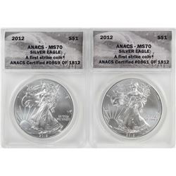Lot of (2) 2012 $1 American Silver Eagle Coins ANACS MS70 First Strike