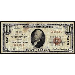 1929 $10 First National Bank of Shreveport, LA CH# 3595 National Currency Note