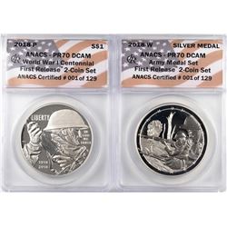 2018-P Proof $1 WWI Centennial Coin & Army Medal Set ANACS PR70 DCAM First Release