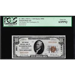 1929 $10 NB of Washington, PA CH# 9901 National Currency Note PCGS Choice New 63PPQ