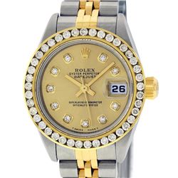Rolex Ladies Quickset Two Tone Champagne Channel Diamond Datejust Wristwatch