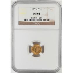 1853 $1 Liberty Head Gold Dollar Coin NGC MS62