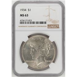 1934 $1 Peace Silver Dollar Coin NGC MS63