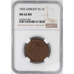 1855 Upright 55 Braided Hair Large Cent Coin NGC MS62 BN