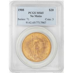 1908 No Motto $20 St. Gaudens Double Eagle Gold Coin PCGS MS65