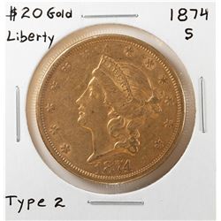 1874-S $20 Liberty Head Double Eagle Gold Coin