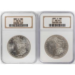 Lot of 1881-S & 1882-S $1 Morgan Silver Dollar Coins NGC MS64