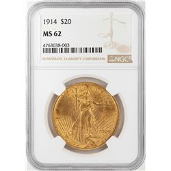 1914 $20 St. Gaudens Double Eagle Gold Coin NGC MS62