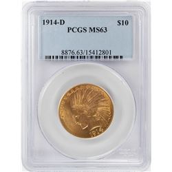 1914-D $10 Indian Head Eagle Gold Coin PCGS MS63