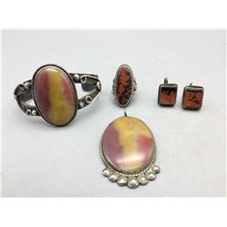 Vintage Petrified Wood and Sterling Silver Jewelry Group