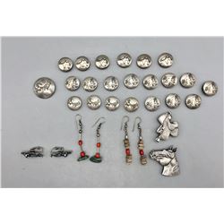 Three Pairs of Earrings and Numerous Button Covers