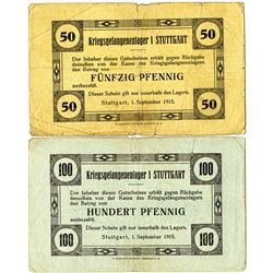 Germany. Stuttgart POW Camp. 1915. Pair of Issued Notgeld.