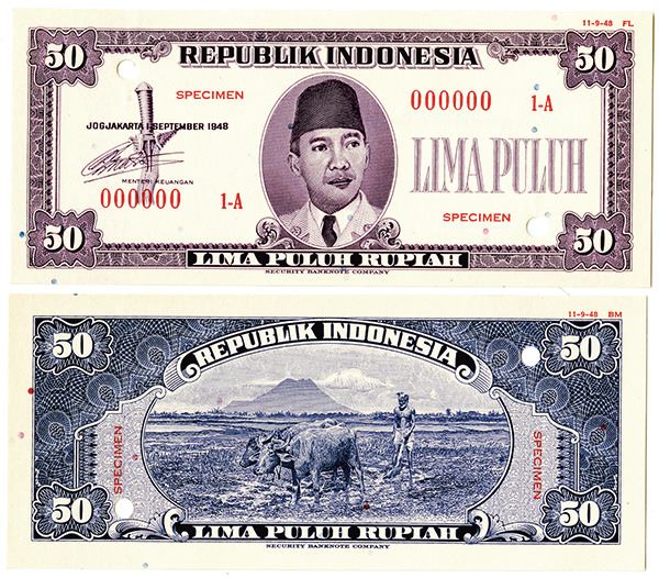 Republik Indonesia, 1948 Essay 50 Rupiah Uniface Front & Back Banknote ...