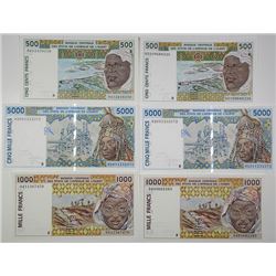 Banque Centrale des Etats de l'Afrique de L'Ouest. 1994-2002. Lot of 6 Issued Notes.