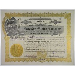 Newsboy Mining Co., 1914 I/U Stock Certificate, Alaska Mine.