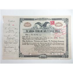 California, Arizona and Santa Fe Railway Co., 1920 I/C Stock Certificate.