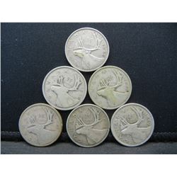 1938,39,40,41,42,43 Silver Canadian Quarters  Nice Date Run